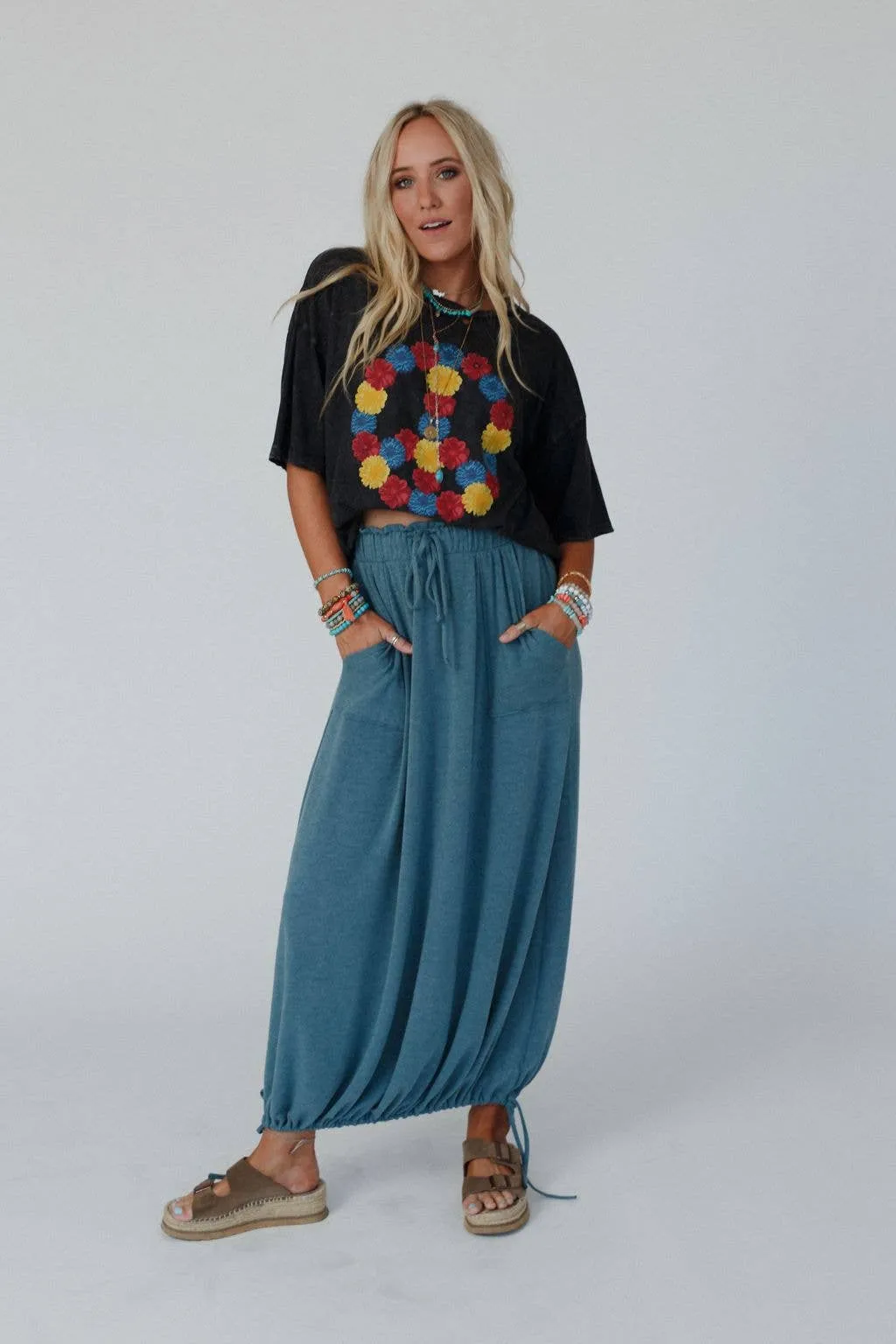 Rylie  Drawstring Maxi Skirt - Teal Boho Skirt