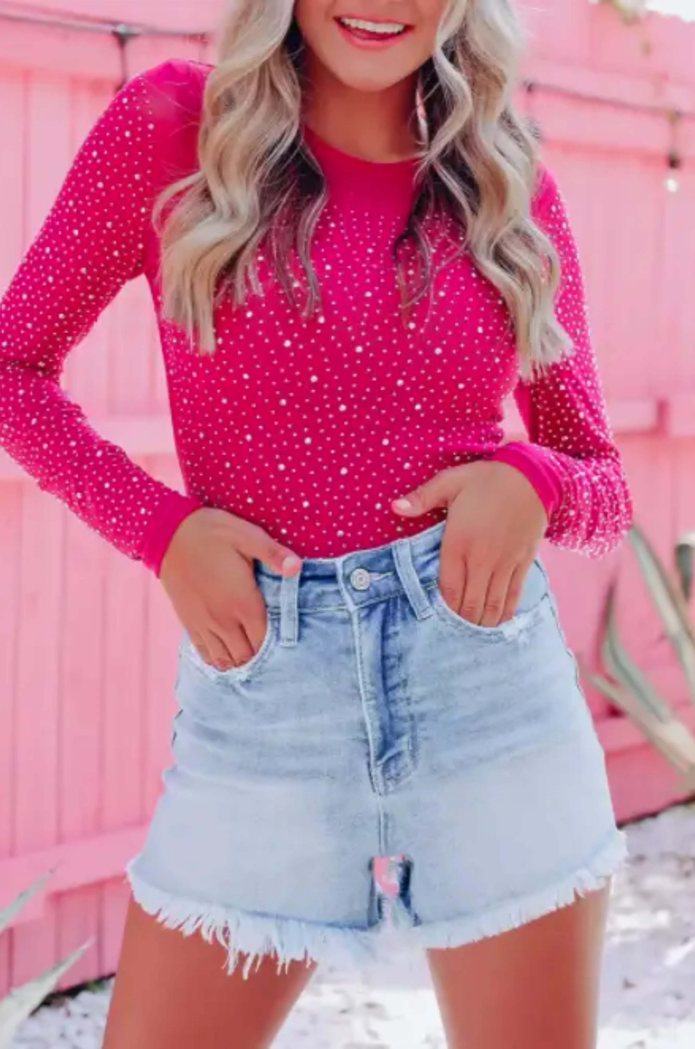 Selena Hot Pink Rhinestone Long Sleeve Bodysuit