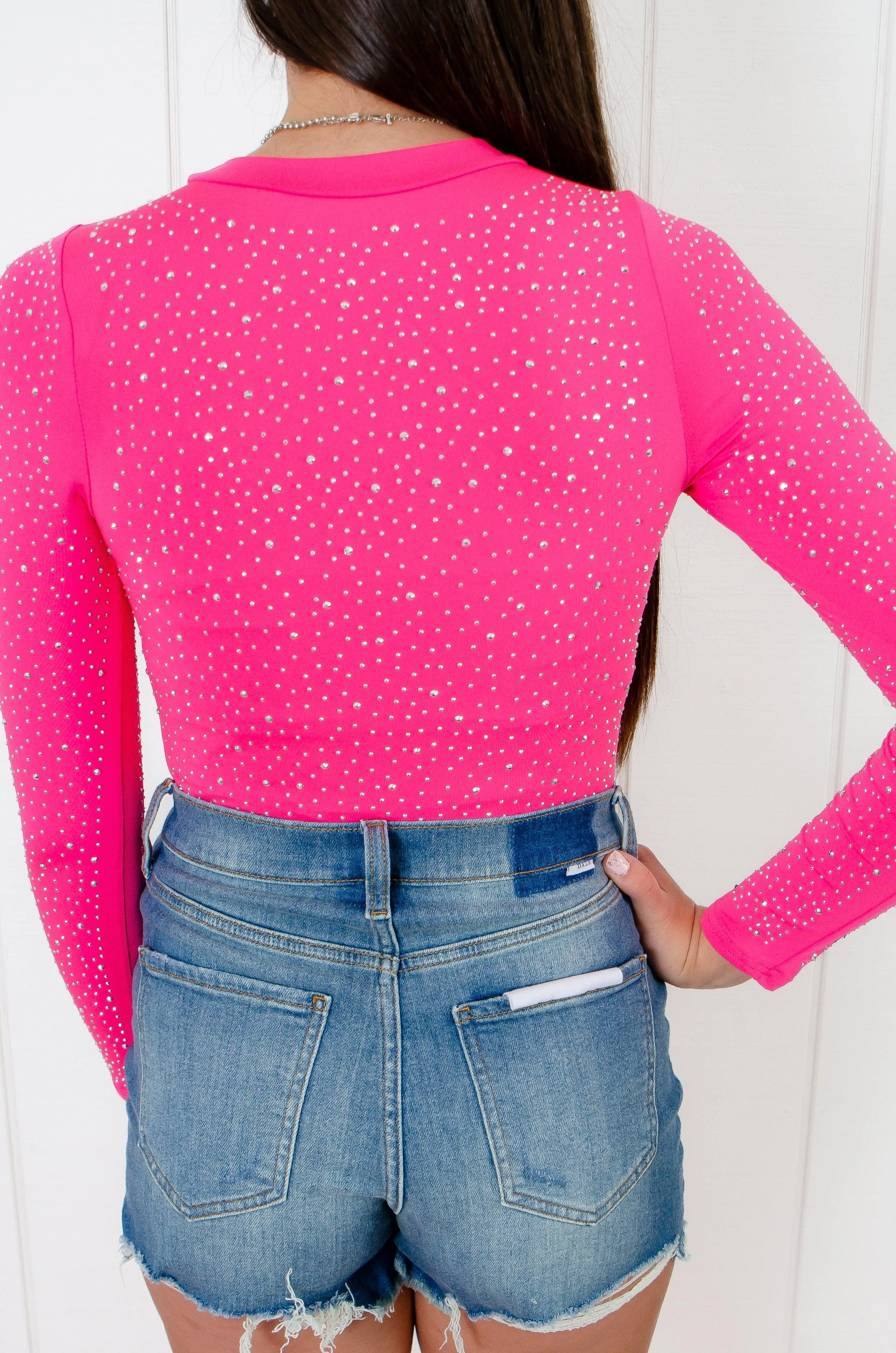 Selena Hot Pink Rhinestone Long Sleeve Bodysuit