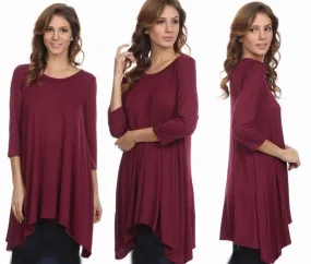 Shelley Shark bite tunic top w 3/4 sleeve- Burgundy