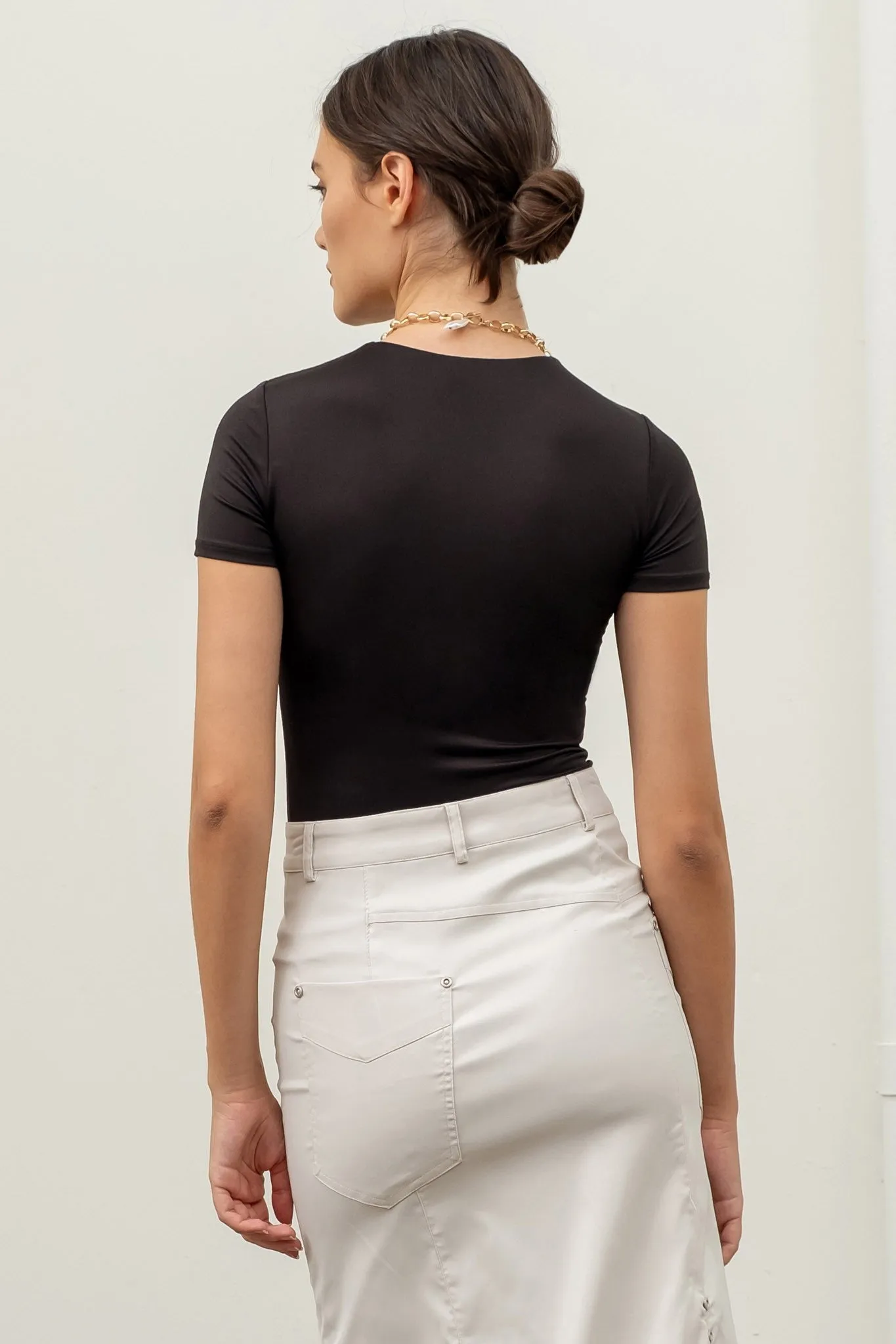 Shortsleeve Round Neck Knit Bodysuit, Black