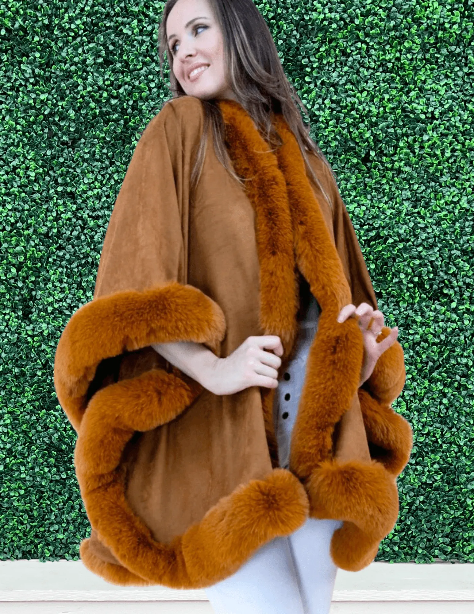 Suede Faux Suede Fur Edged Cape