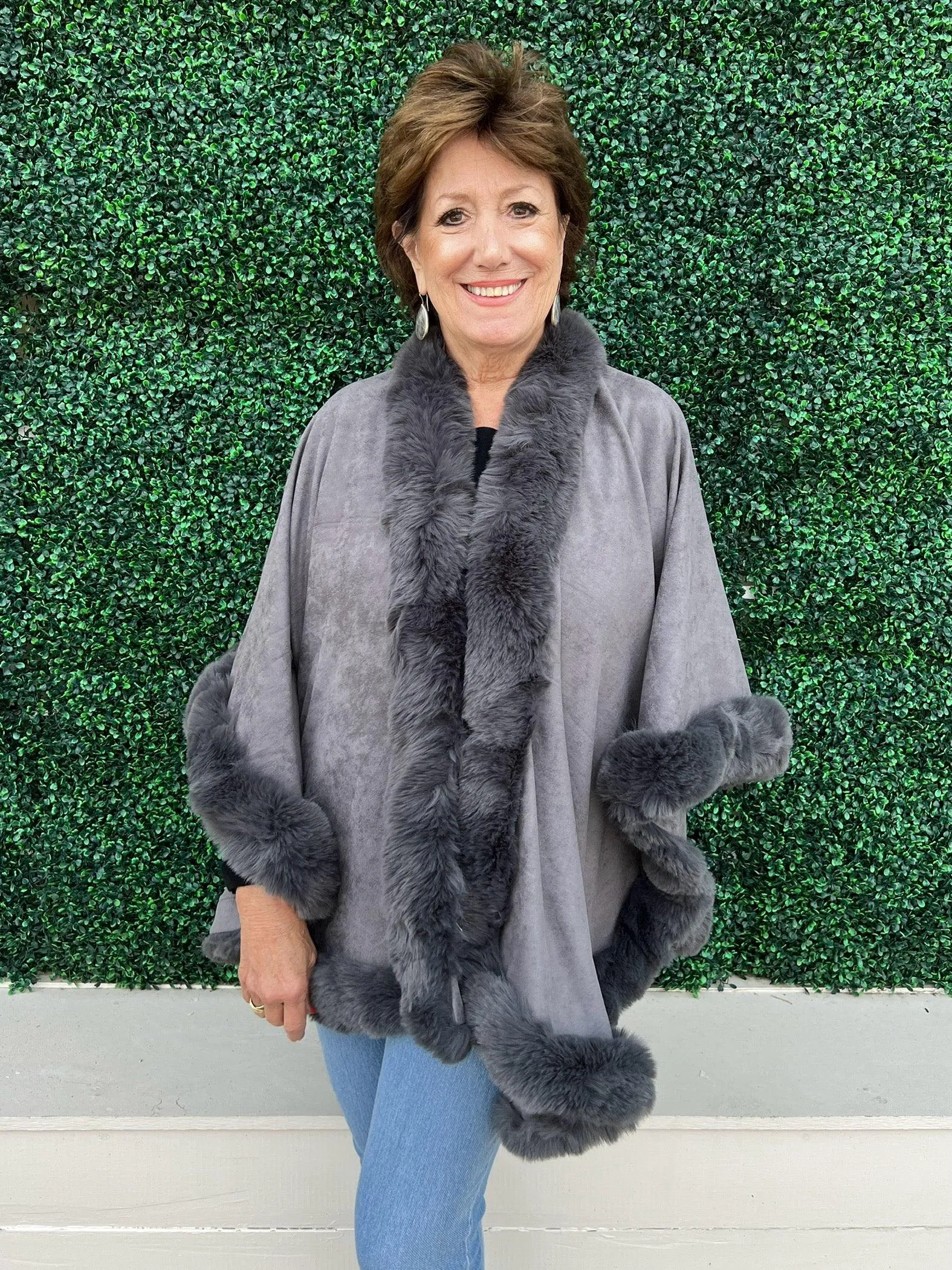 Suede Faux Suede Fur Edged Cape