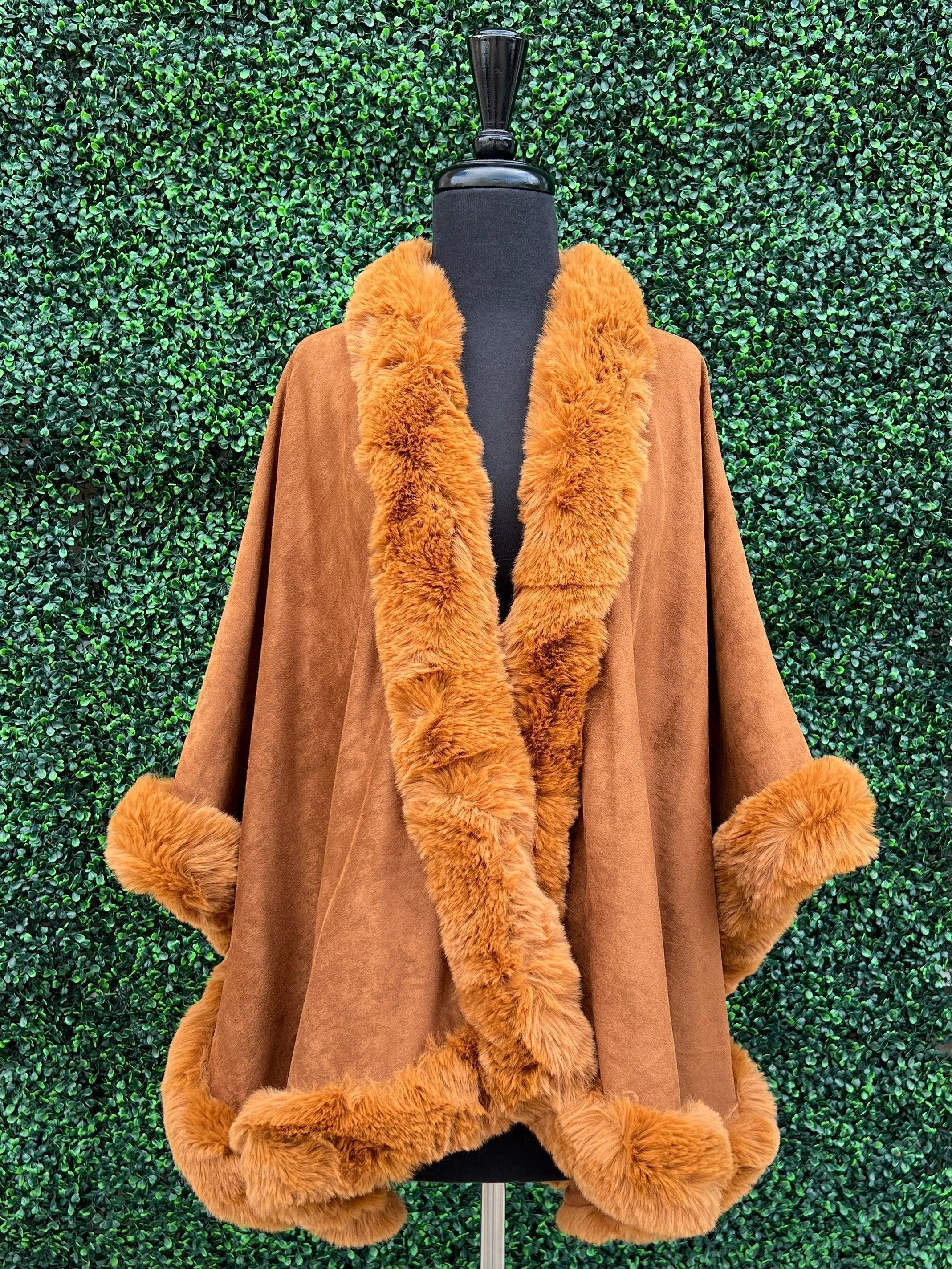 Suede Faux Suede Fur Edged Cape