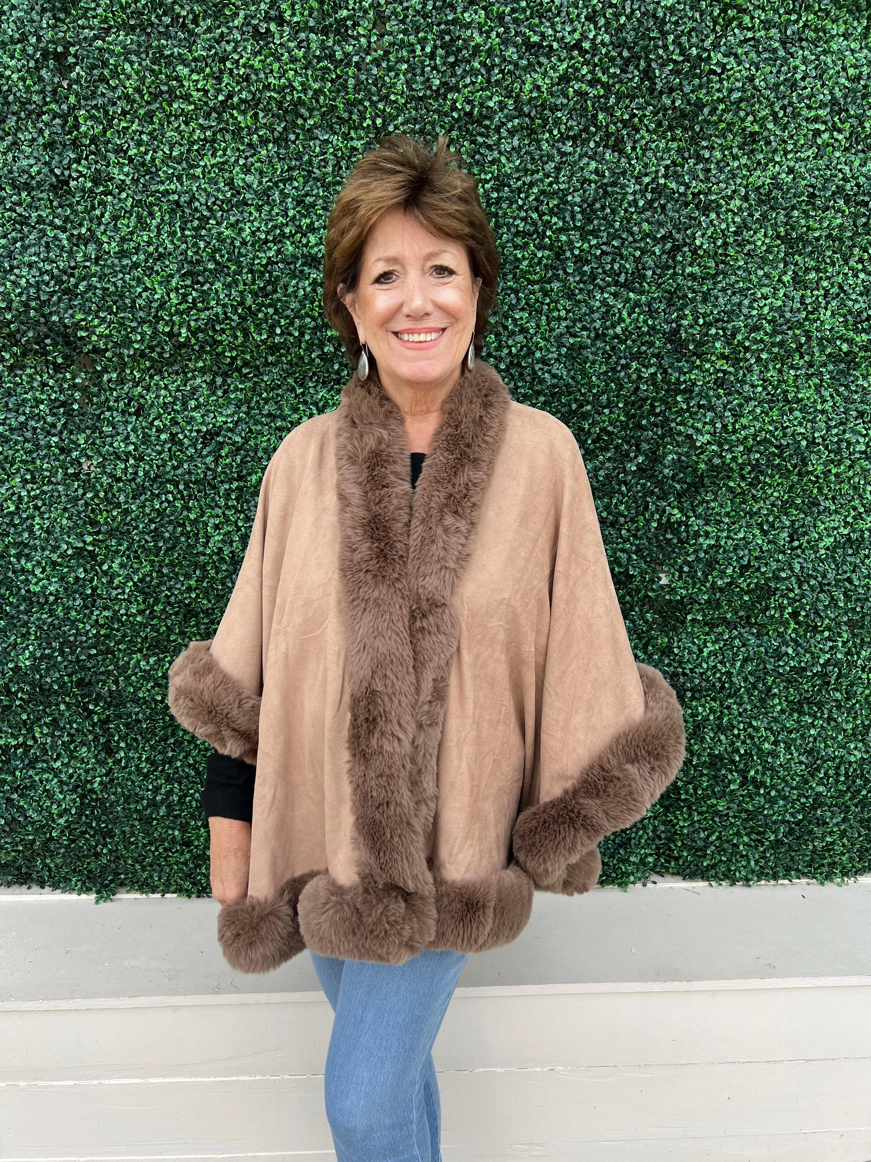 Suede Faux Suede Fur Edged Cape