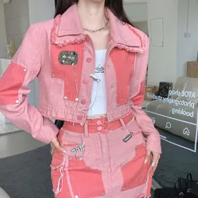 Sweet Pink Heavy-Duty A-Line Skirt Two-Piece Set – Denim Autumn/Winter New Arrivals, Flared Skirt Set