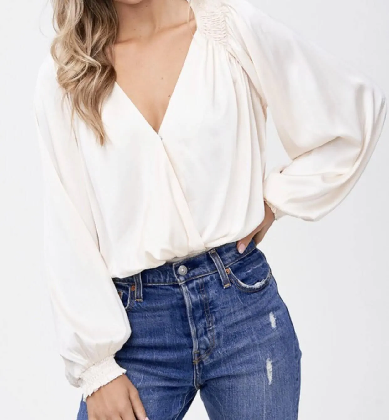 The Morgan Bodysuit: Ivory Wrap Long Sleeve Bodysuit