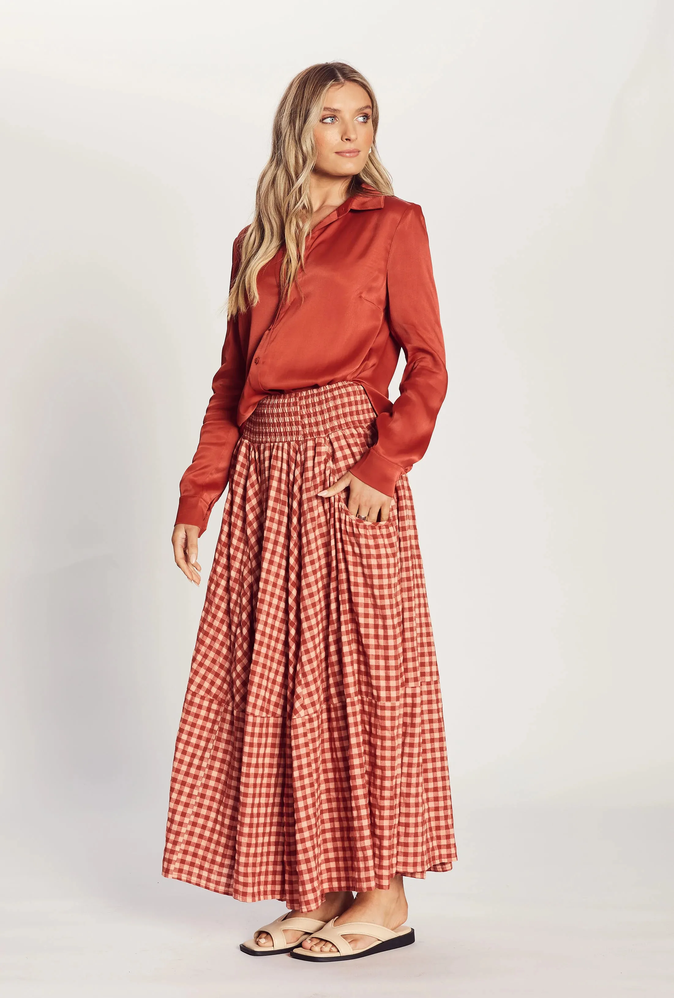 The Pocket Maxi Skirt - Rust/ Peach Gingham
