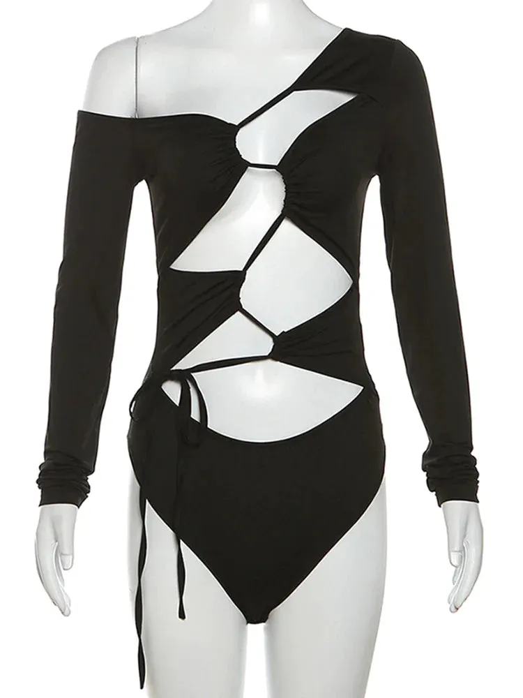 Women Long Sleeve Lace up Hollow Out Bodysuits