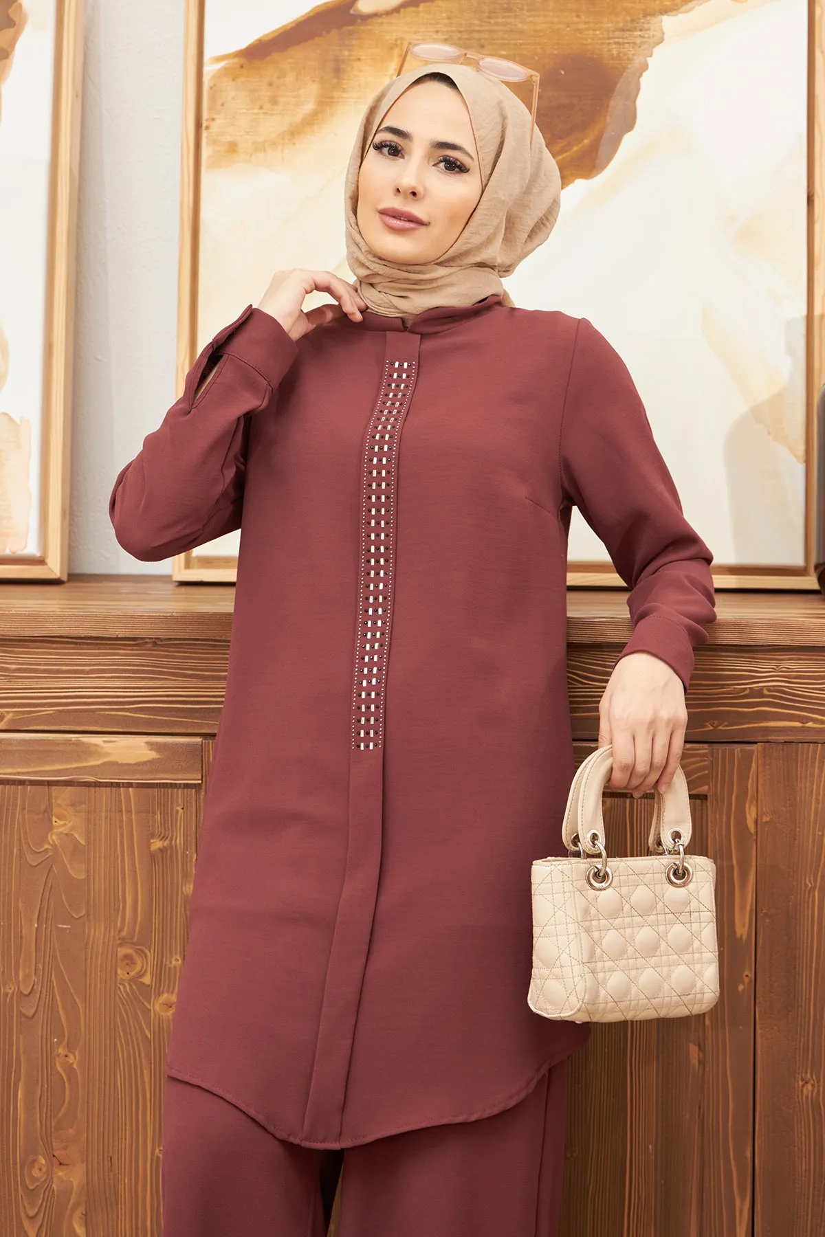 ZRF Women Önü Taşlı Takım - Gül Kurusu - Slobozia
